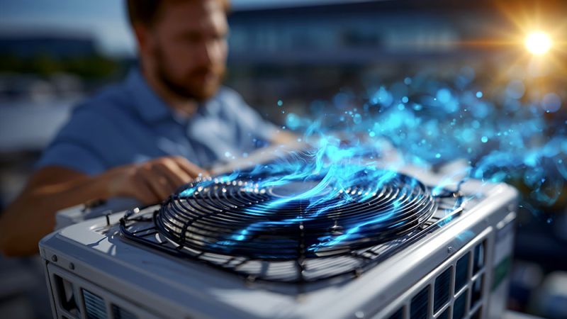 Technician examining air conditioning unit generating cool airflow on a rooftop with vibrant energy effects.