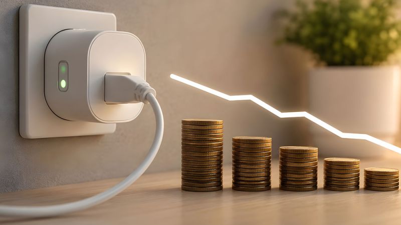 Smart plug with coins and downward graph, representing energy savings and cost reduction.