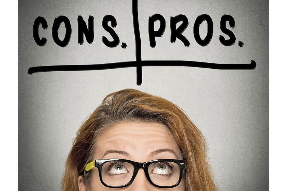 Woman in glasses thinking about pros and cons, concept decision-making chart above her head.