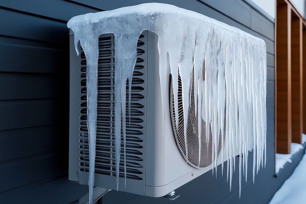 Icicles hanging from frozen air conditioner unit on building exterior during winter.