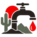 Silhouette of faucet with dripping water, cactus, mountain, and red sun symbolizing desert dryness and water scarcity.