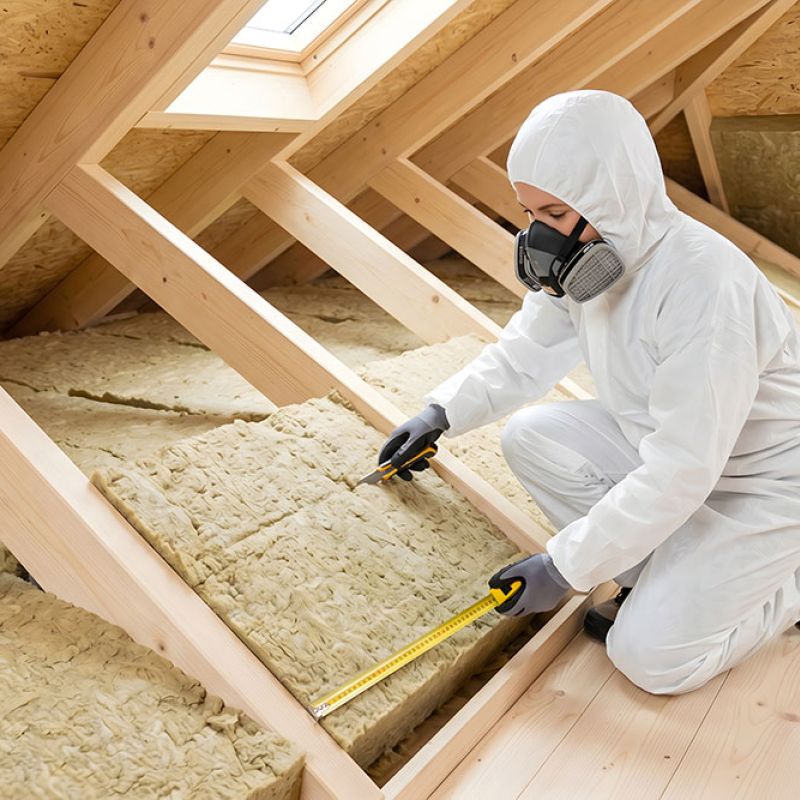 Technician measuring attic insulation in protective gear for installation. Home energy efficiency improvement.