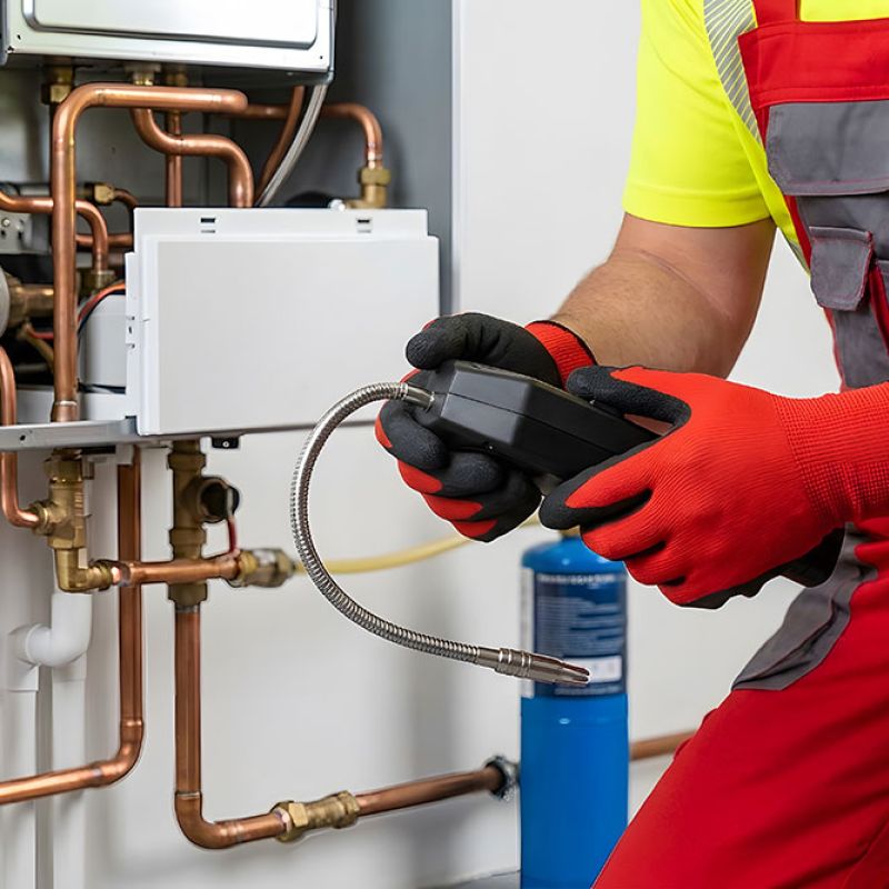 Technician in red overalls repairing boiler pipes, using tools for maintenance.