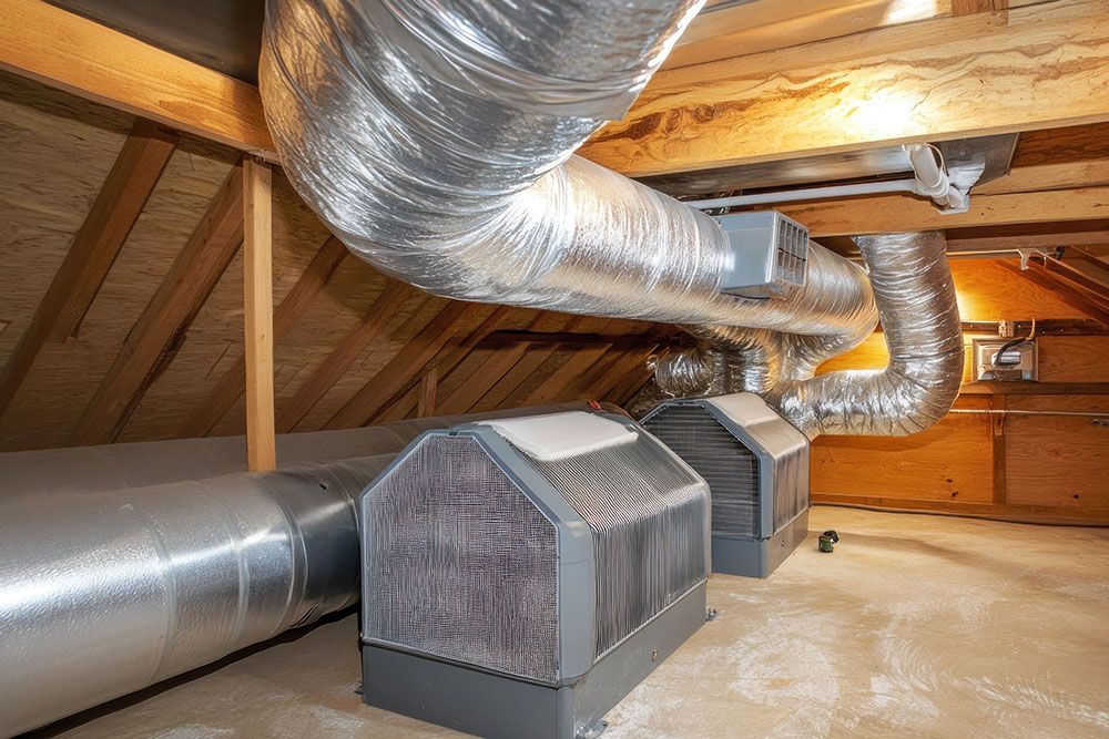Commercial HVAC system in attic with aluminum ductwork and air conditioning units for efficient climate control.