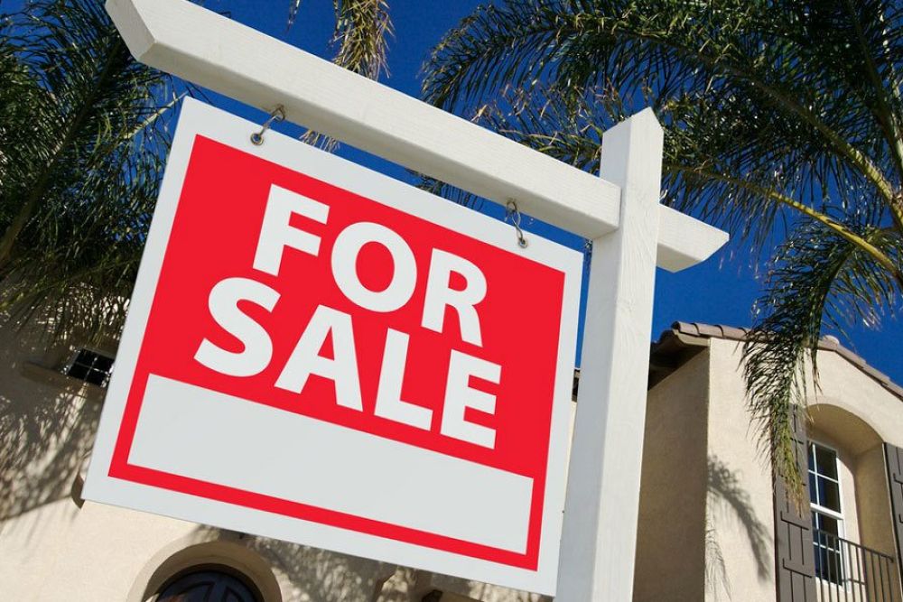 Red For Sale sign in front of a house with palm trees, clear blue sky background. Perfect for real estate listings.