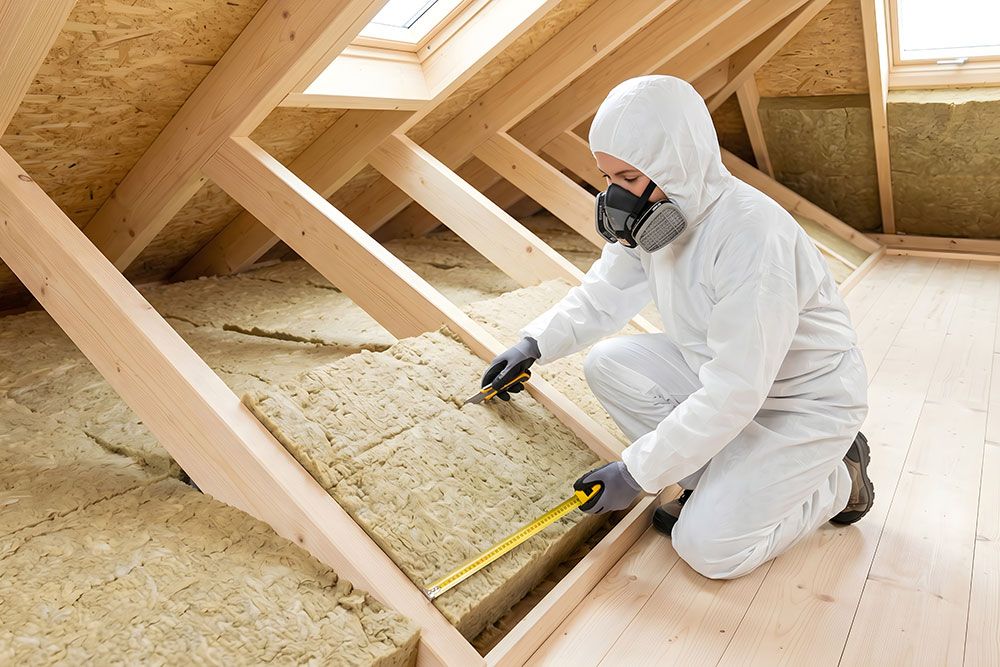 Technician measuring attic insulation in protective gear for installation. Home energy efficiency improvement.