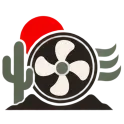Desert-themed logo with a fan, cactus, and setting sun, symbolizing cool airflow in hot environments.