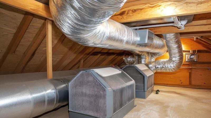 Commercial HVAC system in attic with aluminum ductwork and air conditioning units for efficient climate control.