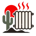 Cactus and radiator with red sun and heat waves, symbolizing warmth and energy in a desert setting.