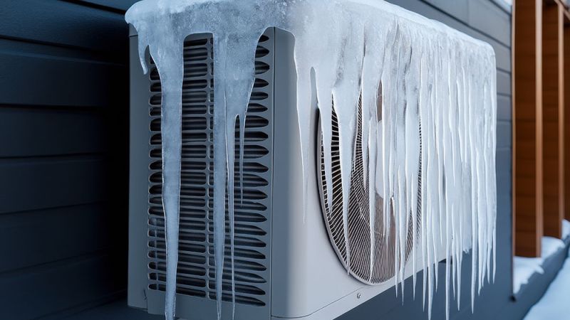 Icicles hanging from frozen air conditioner unit on building exterior during winter.