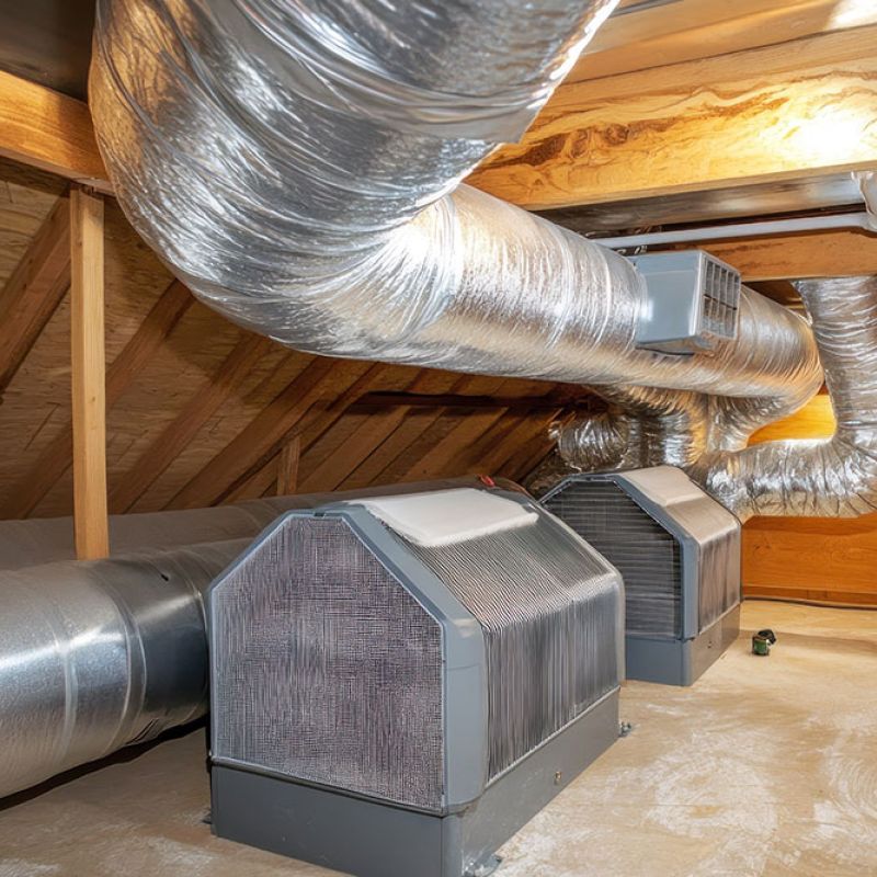 Commercial HVAC system in attic with aluminum ductwork and air conditioning units for efficient climate control.