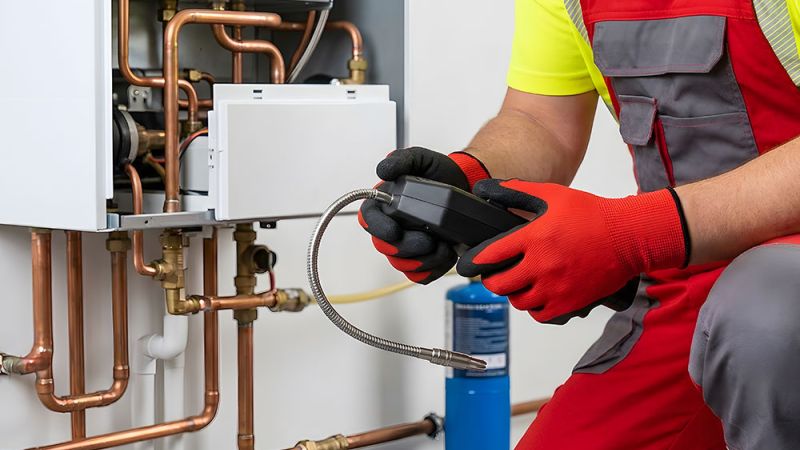 Technician in red overalls repairing boiler pipes, using tools for maintenance.
