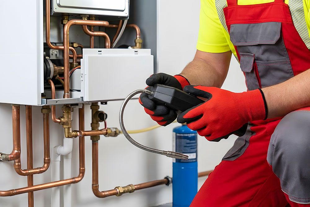 Technician in red overalls repairing boiler pipes, using tools for maintenance.