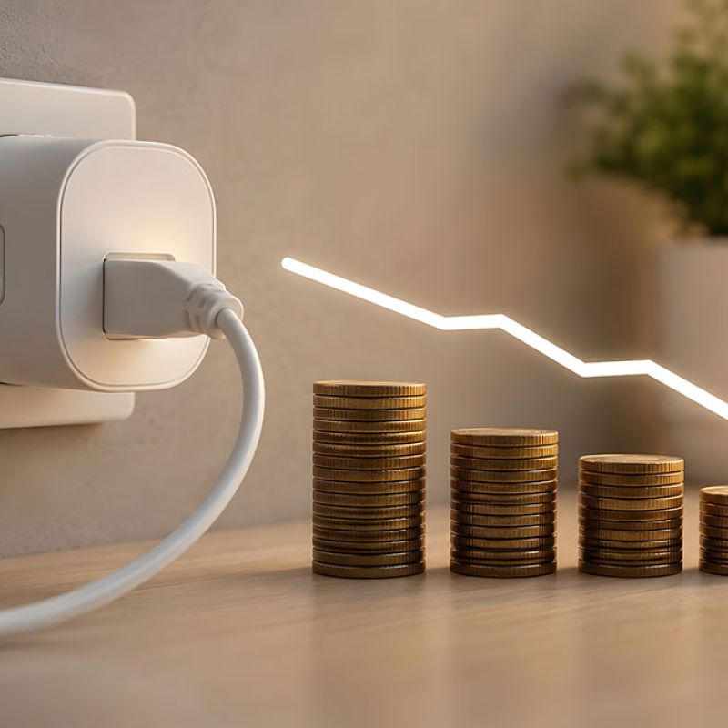 Smart plug with coins and downward graph, representing energy savings and cost reduction.