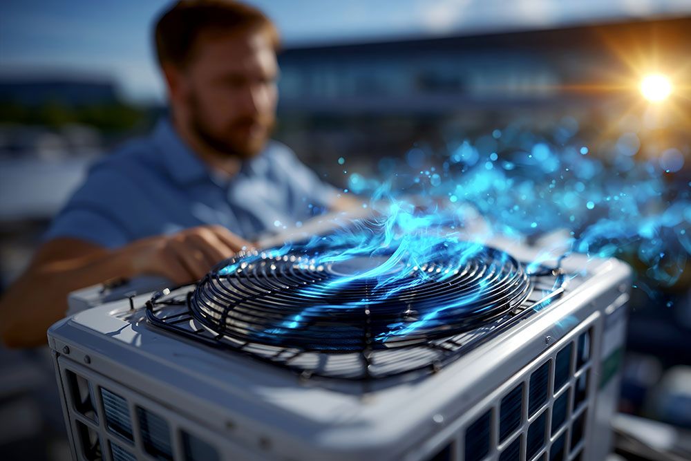 Technician examining air conditioning unit generating cool airflow on a rooftop with vibrant energy effects.