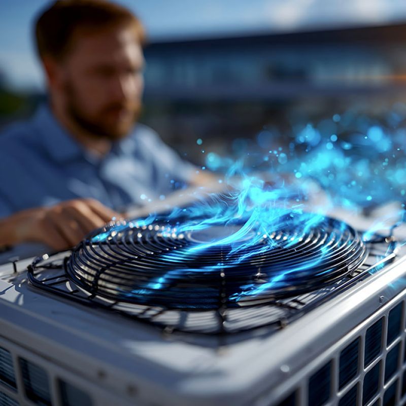 Technician examining air conditioning unit generating cool airflow on a rooftop with vibrant energy effects.
