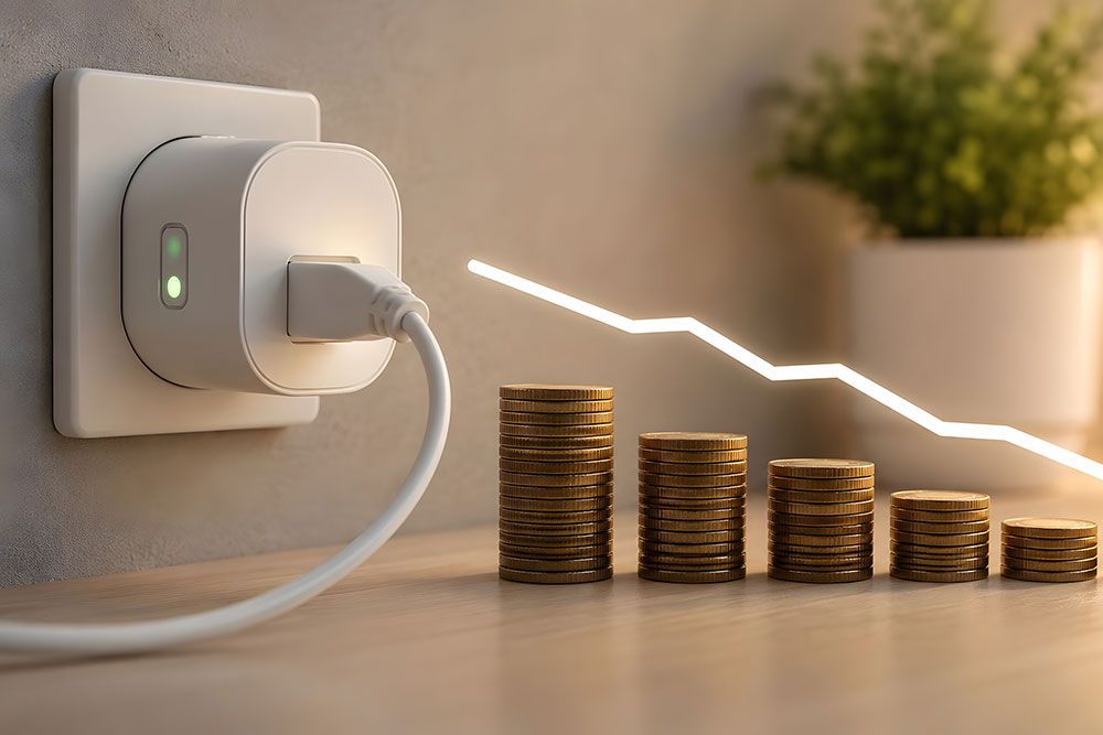 Smart plug with coins and downward graph, representing energy savings and cost reduction.