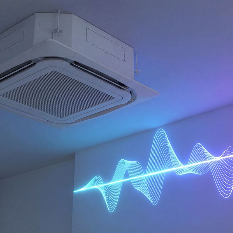 Ceiling-mounted air conditioning unit with colorful sound wave illustration on wall.