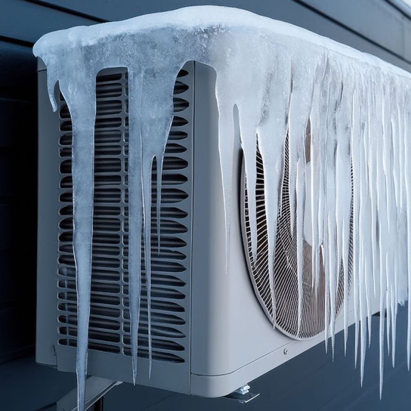 Icicles hanging from frozen air conditioner unit on building exterior during winter.