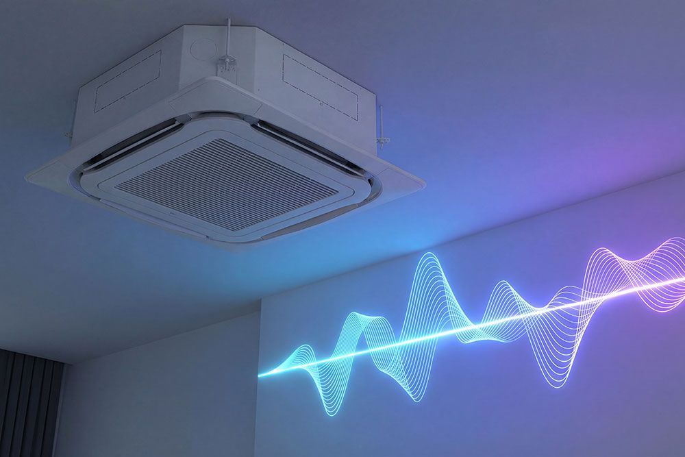 Ceiling-mounted air conditioning unit with colorful sound wave illustration on wall.