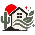 House with eco-friendly design, surrounded by cactus, leaves, and sun, symbolizing sustainable living.